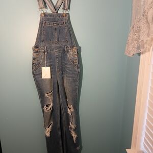 KanCan Light Blue Distressed Denim Overalls